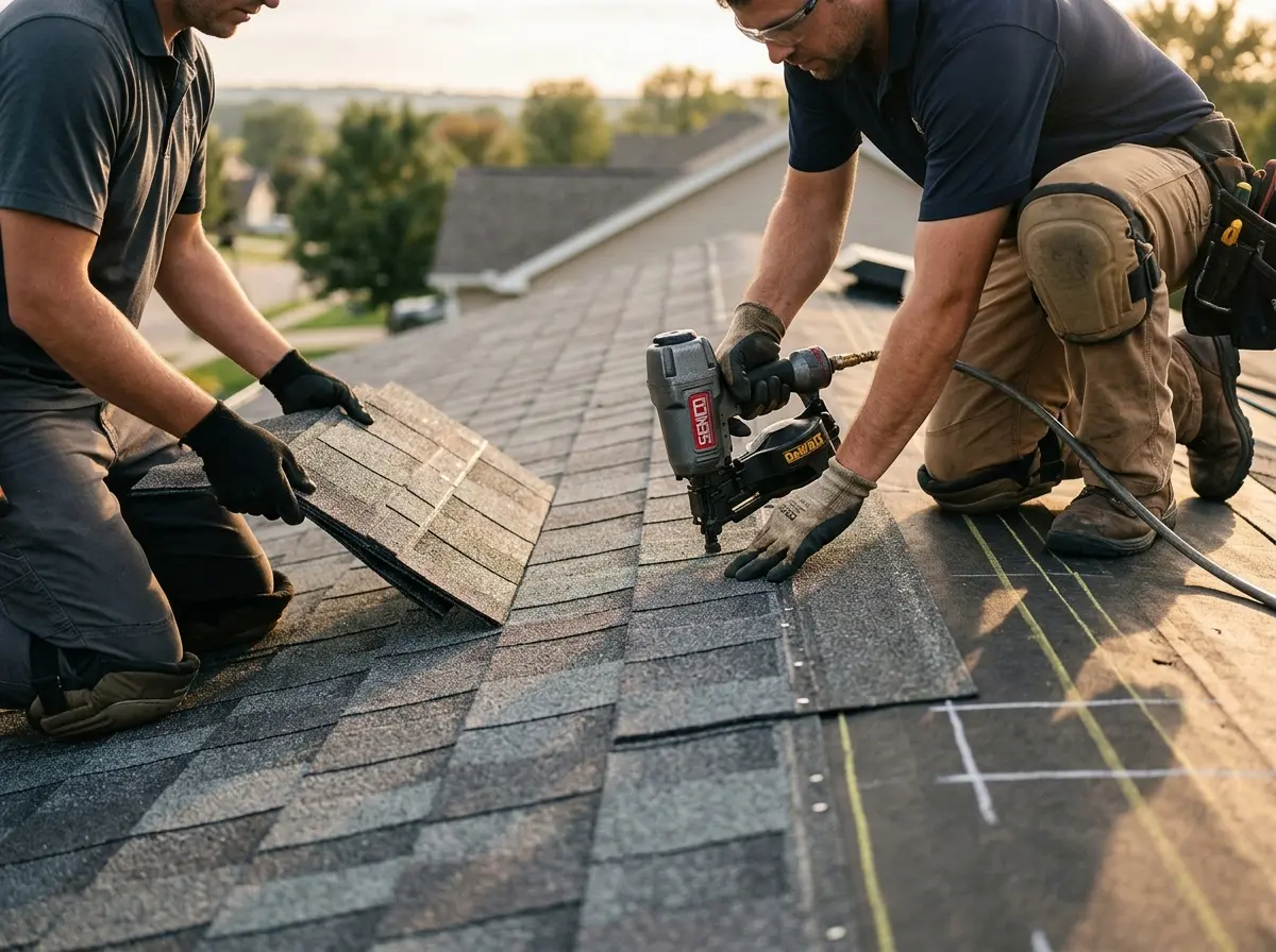 Professional roofer working on a residential roof in Eastchester